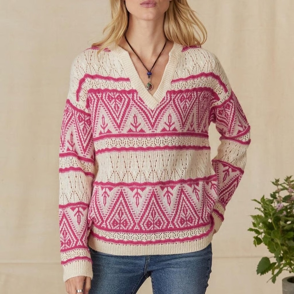 Sundance Brixen Fair Isle V-Neck Sweater in Pink and Cream, Size Small